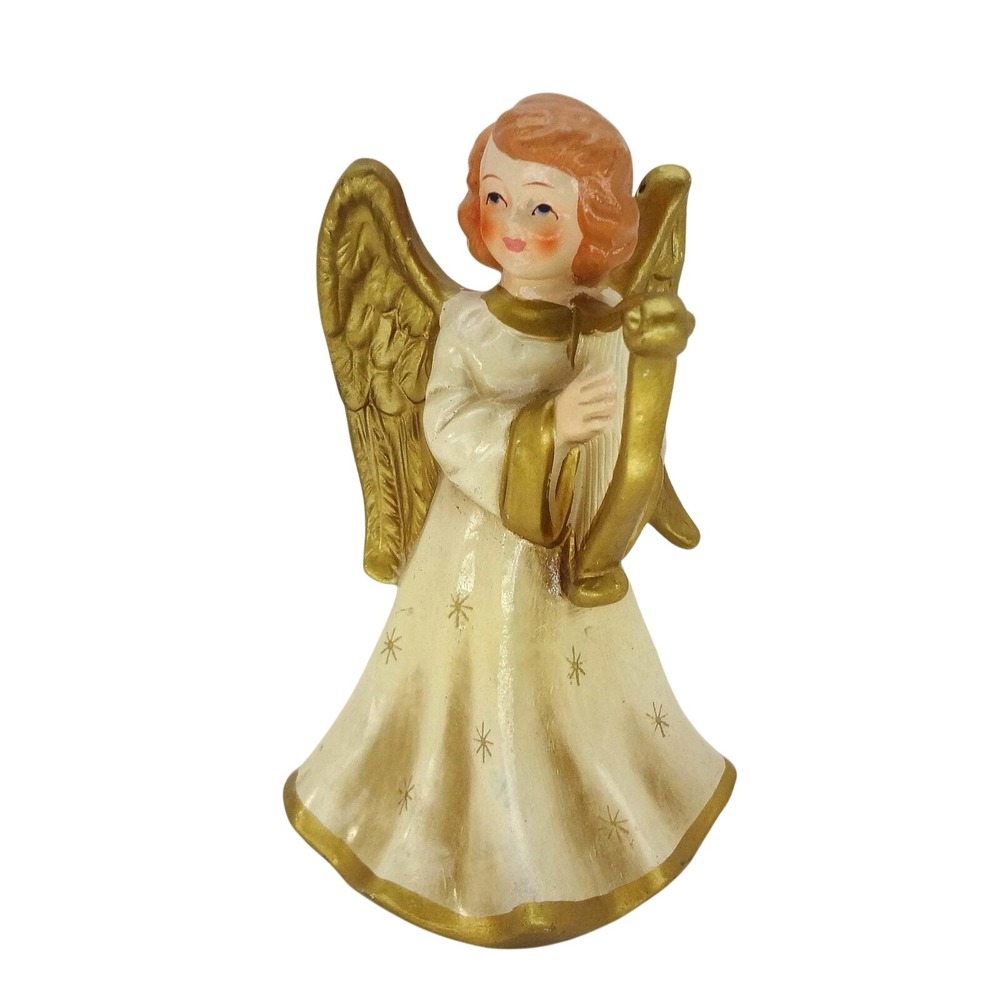 Vintage Nasco Angel Figurine with Harp Gold Wings Ceramic Made in Japan